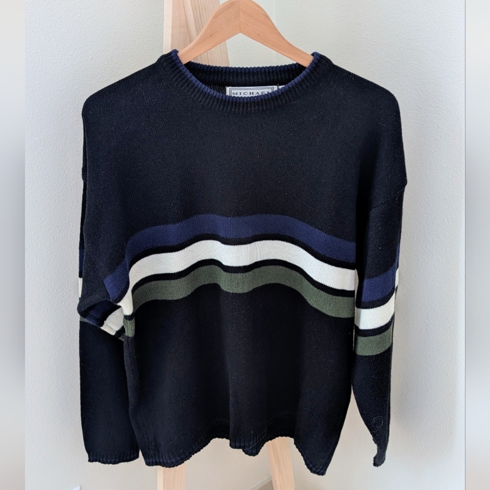 Vintage 90's Skater Striped Oversized Crewneck Sweater In Black/Navy/Green/White - Picture 3 of 9